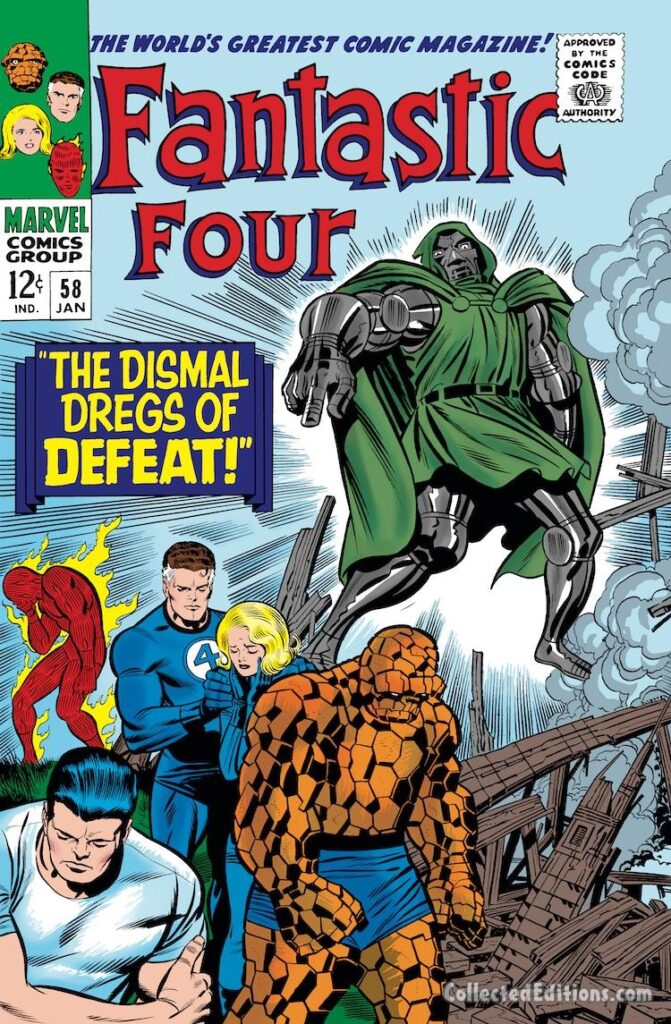 Fantastic Four #58 cover; pencils, Jack Kirby; inks, Joe Sinnott; The Dismal Dregs of Defeat, Wyatt Wingfoot, Human Torch, Thing