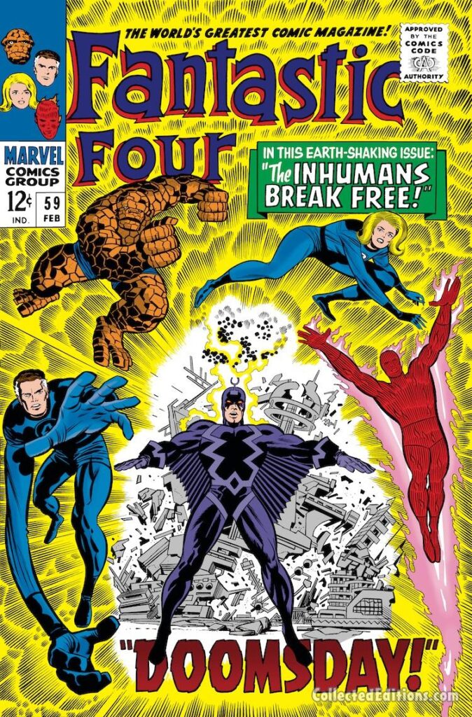 Fantastic Four #59 cover; pencils, Jack Kirby; inks, Joe Sinnott; The Inhumans Break Free, Black Bolt, Attilan, Doomsday