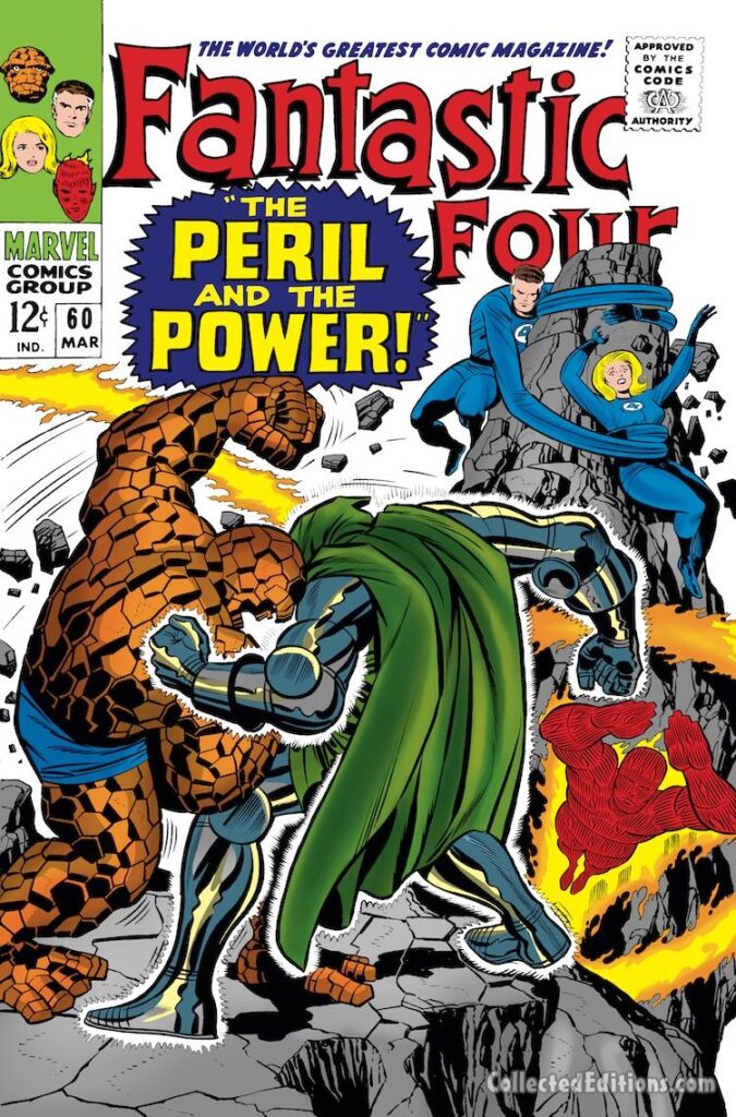 Fantastic Four #60 cover; pencils, Jack Kirby; inks, Joe Sinnott; The Peril and the Power, Thing vs. Doctor Doom