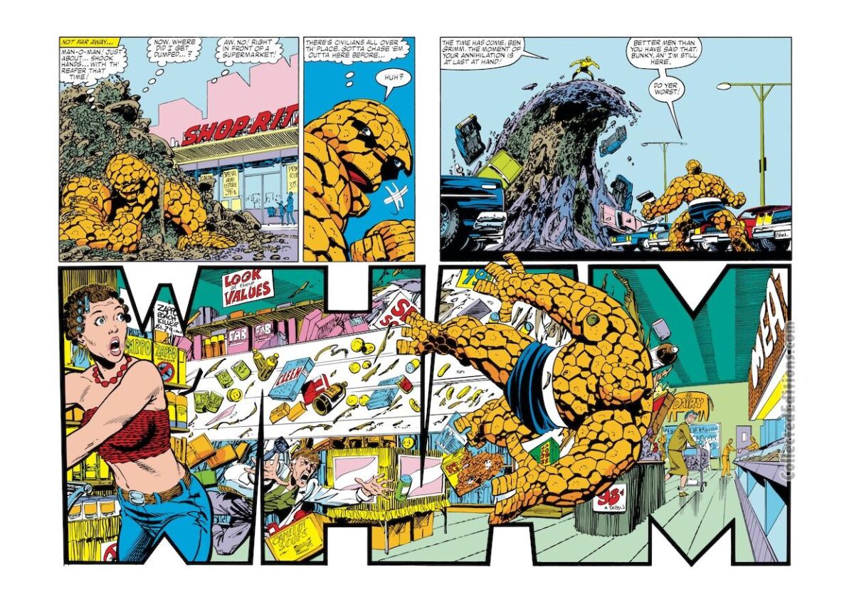 Fantastic Four #259, pgs.11-2; pencils and inks, John Byrne; double-page spread, Thing, Tyros/Terrax