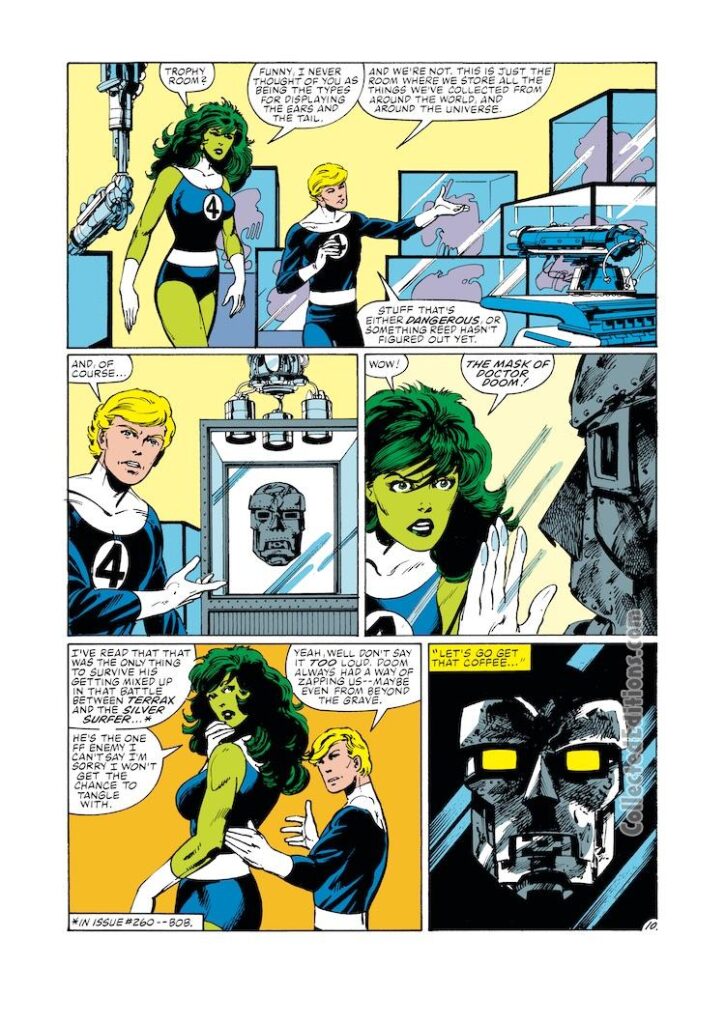 Fantastic Four #268, pg. 10; pencils and inks, John Byrne; She-Hulk, Human Torch, Johnny Storm, Doctor Doom mask