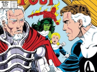 Fantastic Four #273 cover; pencils and inks, John Byrne Fantastic Four #273 cover; pencils and inks, John Byrne; Franklin Richards, Father, You’re the Warlord?, Family Reunion, She-Hulk, Human Torch, Invisible Girl