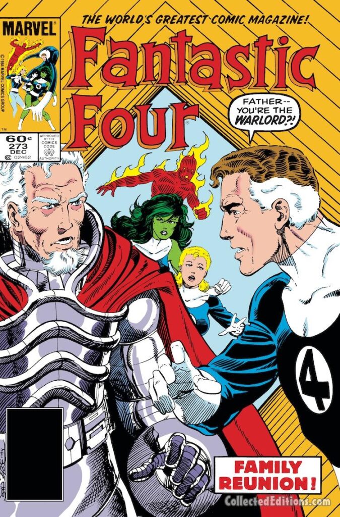 Fantastic Four #273 cover; pencils and inks, John Byrne; Franklin Richards, Father, You’re the Warlord?, Family Reunion, She-Hulk, Human Torch, Invisible Girl
