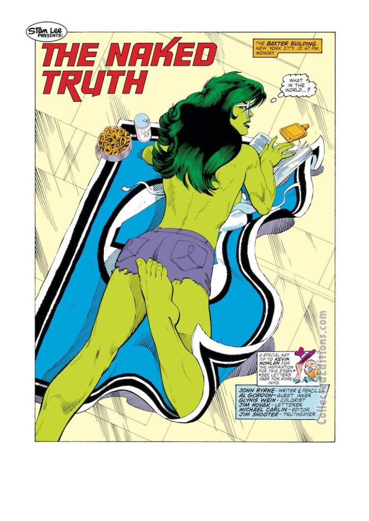 Fantastic Four #275, pg. 1; pencils, John Byrne; inks, Al Gordon; The Naked Truth, She-Hulk splash page