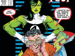 Fantastic Four #275 cover; pencils and inks, John Byrne Fantastic Four #275 cover; pencils and inks, John Byrne; Stan Lee, She-Hulk, Hey Guys, What’s big and green and has a staple in her navel?