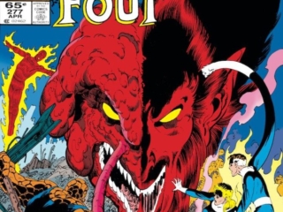 Fantastic Four #277 cover; pencils and inks, John Byrne Fantastic Four #277 cover; pencils and inks, John Byrne; Mephisto, Ben Grimm/Thing, Human Torch, Mister Fantastic, Invisible Woman
