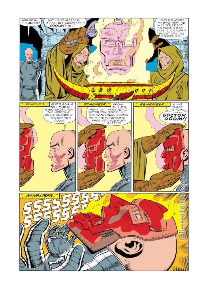 Fantastic Four #278, pg. 10; pencils, John Byrne; inks, Jerry Ordway; Doctor Doom, origin of the mask, Victor Von Doom