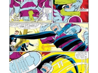 Fantastic Four #279, pg. 14; pencils, John Byrne; inks, Jerry Ordway; She-Hulk, Mister Fantastic, Invisible Woman, robots