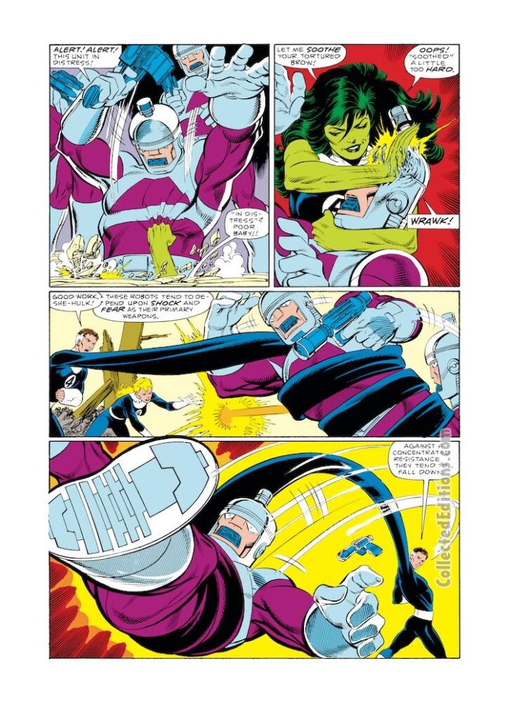 Fantastic Four #279, pg. 14; pencils, John Byrne; inks, Jerry Ordway; She-Hulk, Mister Fantastic, Invisible Woman, robots