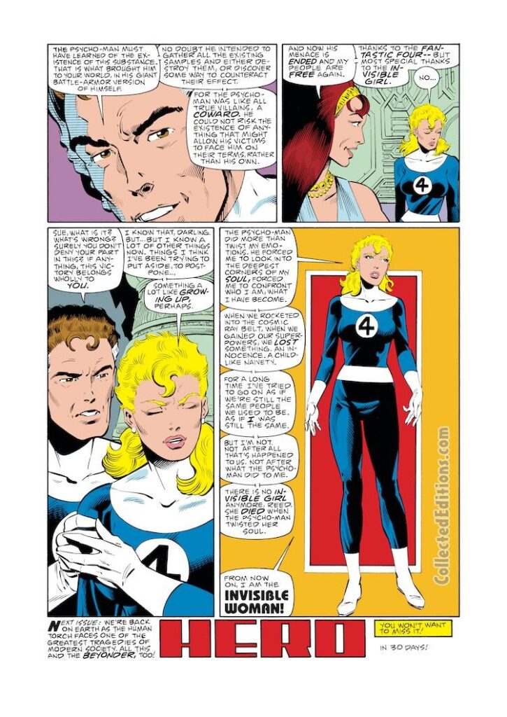 Fantastic Four #284, pg. 22; pencils, John Byrne; inks, Al Gordon; first appearance Invisible Woman, rename Invisible Girl, Sue Storm