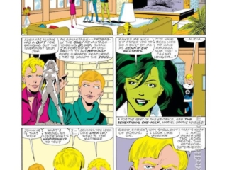 Fantastic Four #285, pg. 16; pencils, John Byrne; inks, Al Gordon; She-Hulk, Alicia Masters, sculpture, Johnny Storm, Human Torch
