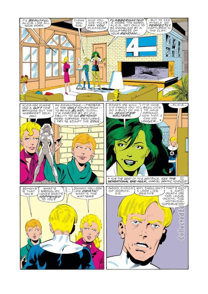 Fantastic Four #285, pg. 16; pencils, John Byrne; inks, Al Gordon; She-Hulk, Alicia Masters, sculpture, Johnny Storm, Human Torch