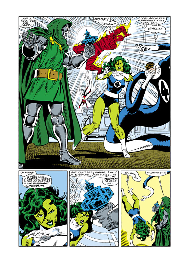 Fantastic Four #288, pg. 6; pencils, John Byrne; inks, Joe Sinnott; She-Hulk, Doctor Doom, Mister Fantastic