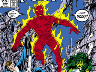 Fantastic Four #289 cover; pencils and inks, John Byrne; She-Hulk, Human Torch, It can&rsquo;t be not you