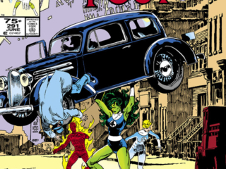 Fantastic Four #291 cover; pencils and inks, John Byrne; Human Torch, She-Hulk, Invisible Woman
