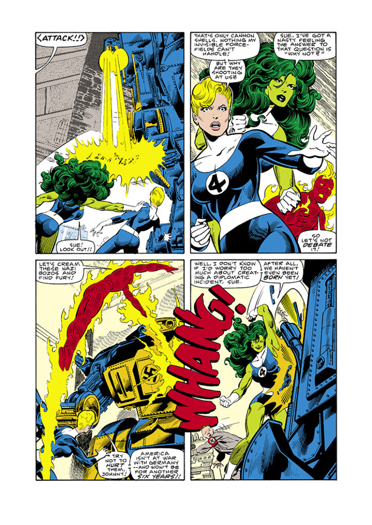 Fantastic Four #292, pg. 11; pencils, John Byrne; inks, Al Gordon; She-Hulk, Invisible Woman, Human Torch
