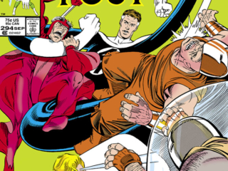 Fantastic Four #294 cover; pencils and inks, Jerry Ordway; Mister Fantastic, Reed Richards, Sue Storm, Invisible Woman, Clobber Patrol, Wing Patrol