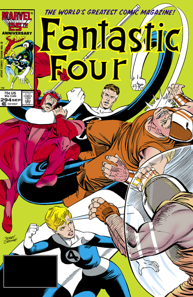 Fantastic Four #294 cover; pencils and inks, Jerry Ordway; Mister Fantastic, Reed Richards, Sue Storm, Invisible Woman, Clobber Patrol, Wing Patrol