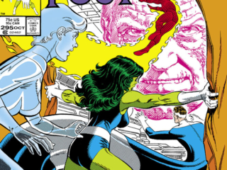 Fantastic Four #295 cover; pencils and inks, Jerry Ordway; She-Hulk, Mister Fantastic, Human Torch