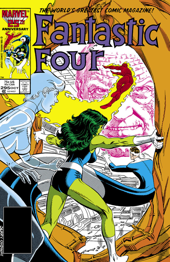 Fantastic Four #295 cover; pencils and inks, Jerry Ordway; She-Hulk, Mister Fantastic, Human Torch