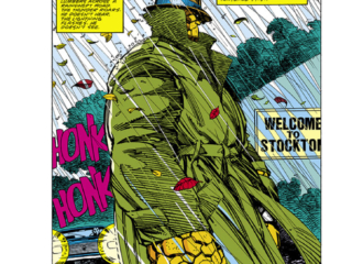 Fantastic Four #296, pg. 1; pencils and inks, Barry Windsor-Smith; Homecoming splash page, Welcome to Stockton, Ben Grimm, Thing, trenchcoat