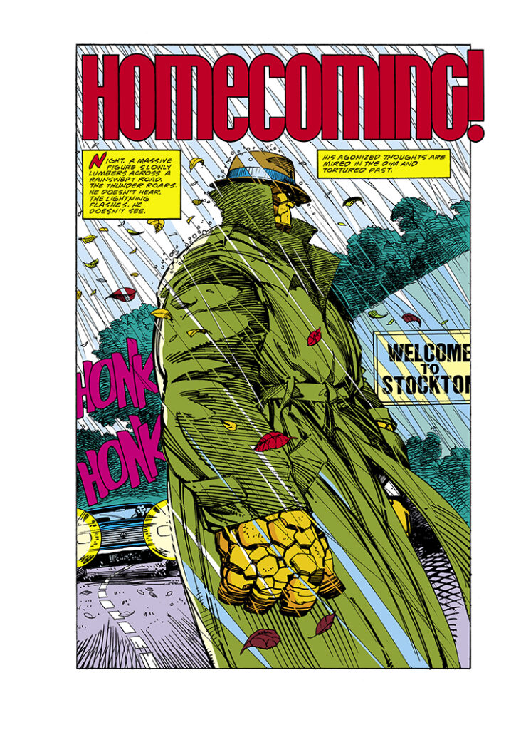 Fantastic Four #296, pg. 1; pencils and inks, Barry Windsor-Smith; Homecoming splash page, Welcome to Stockton, Ben Grimm, Thing, trenchcoat