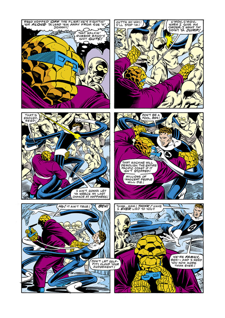 Fantastic Four #296, pg. 50; pencils, Barry Windsor-Smith; inks, Joe Sinnott; Thing, Moloids, Subterraneans