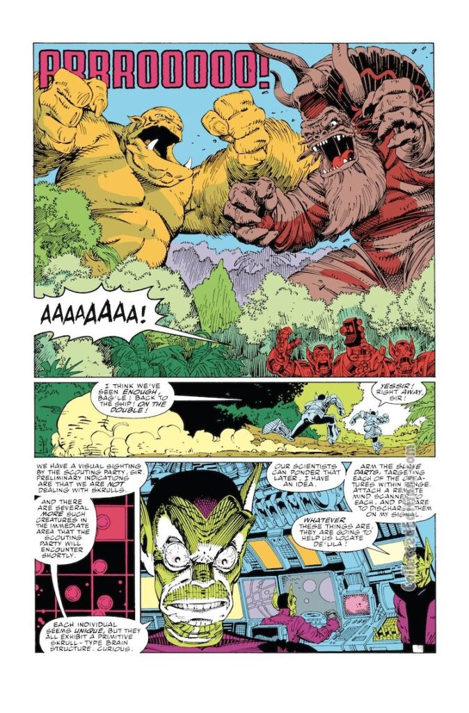 Fantastic Four #347, pg. 13; pencils, Arthur Adams; inks, Art Thibert; Skrulls, giant monsters, Ugu, Monster Island