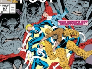 Fantastic Four #347 cover; pencils, Arthur Adams; inks, Art Thibert; This Issue's Got Everything Including the Kitchen Sink, Ghost Rider, Hulk, Spider-Man, Wolverine, Mole Man, Skrulls