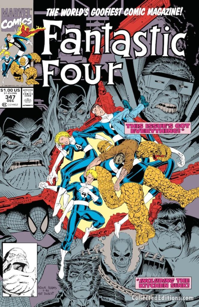 Fantastic Four #347 cover; pencils, Arthur Adams; inks, Art Thibert; This Issue's Got Everything Including the Kitchen Sink, Ghost Rider, Hulk, Spider-Man, Wolverine, Mole Man, Skrulls