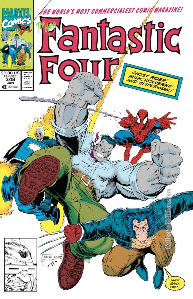 Fantastic Four #348 cover; pencils, Arthur Adams; inks, Art Thibert; The New FF, Ghost Rider, Wolverine, Incredible Hulk, Spider-Man