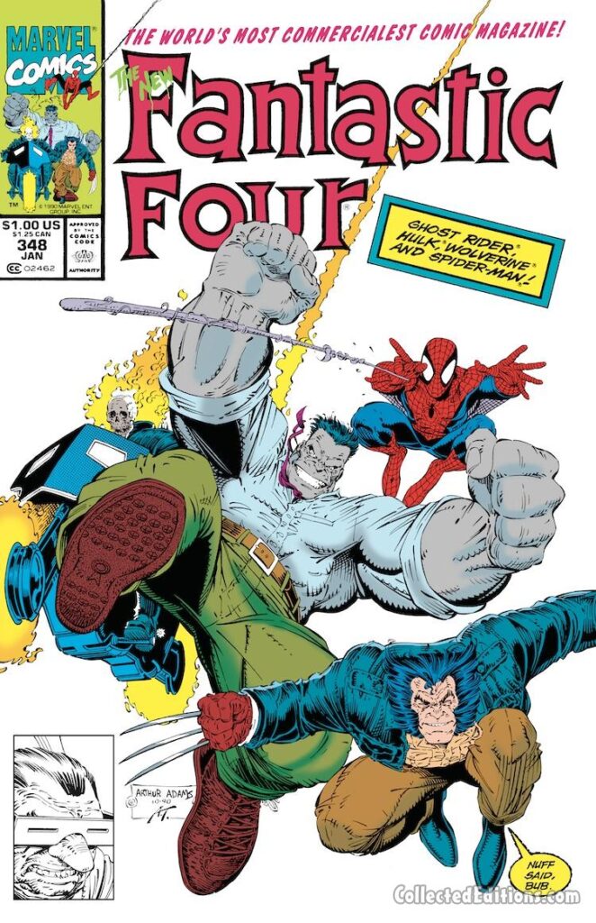Fantastic Four #348 cover; pencils, Arthur Adams; inks, Art Thibert; The New FF, Wolverine, Ghost Rider, Hulk, Spider-Man