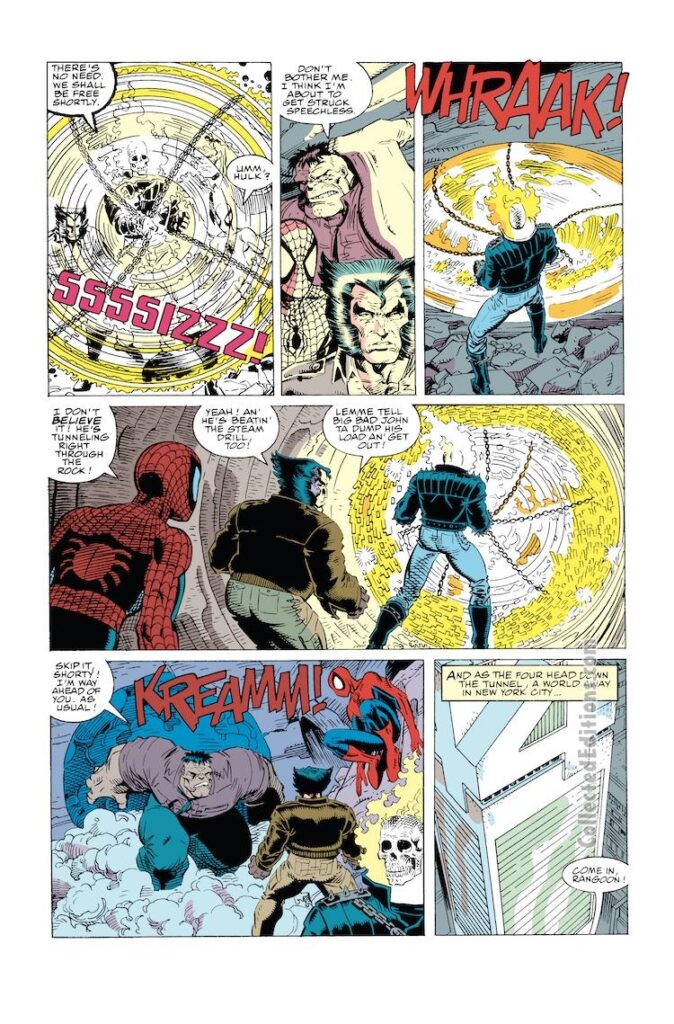 Fantastic Four #349, pg. 7; pencils, Arthur Adams; inks, Al Milgrom, Art Thibert; New FF, Ghost Rider, Incredible Hulk, Spider-Man, Wolverine