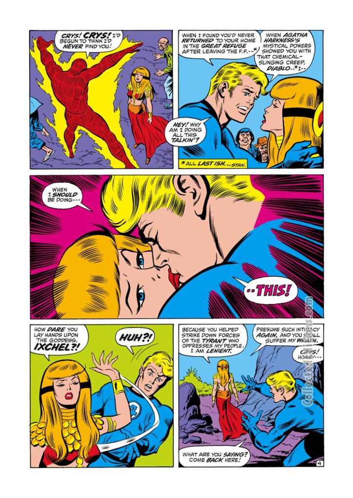 Fantastic Four #118, pg. 4; pencils, John Buscema; innings, Jim Mooney; Crystal, Johnny Storm, Human Torch, the goddess Ixchel