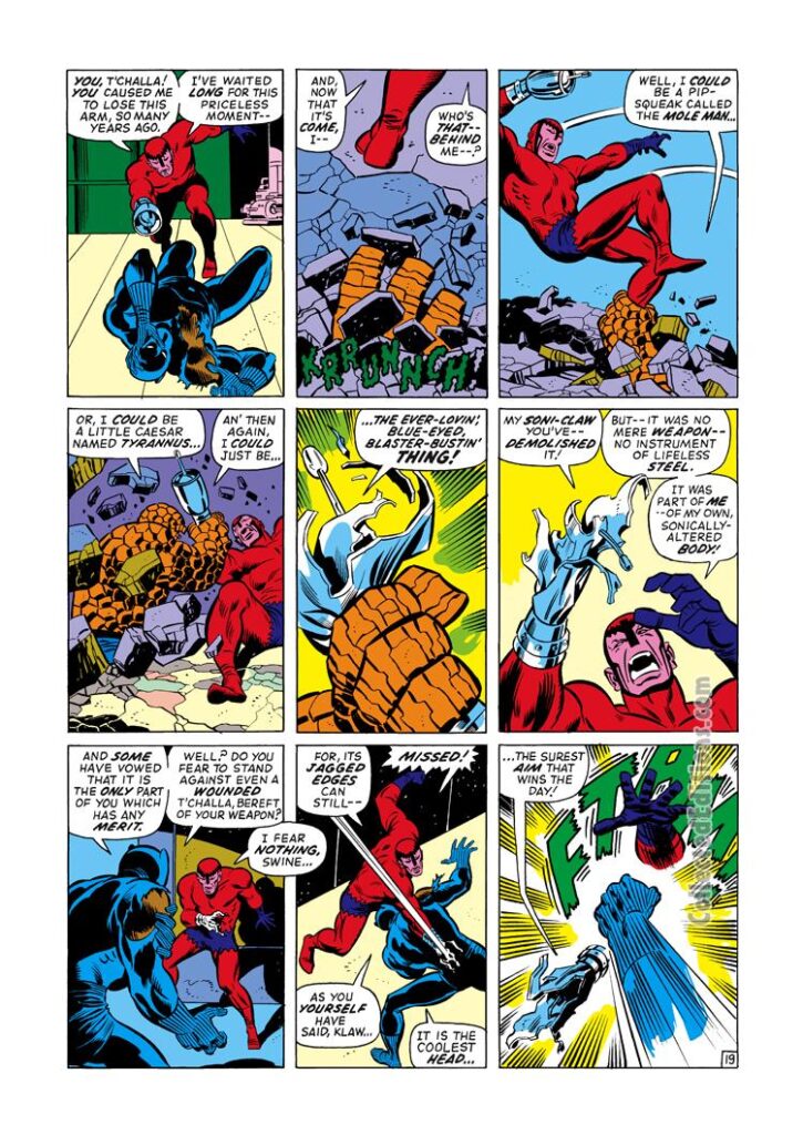 Fantastic Four #119, pg. 19; pencils, John Buscema; innings, Joe Sinnott; Klaw vs. Black Panther, T&#039;Challa