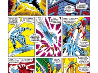 Fantastic Four #121, pg. 18; pencils, John Buscema; innings, Joe Sinnott; Silver Surfer versus Gabriel Air-Walker, Galactus herald