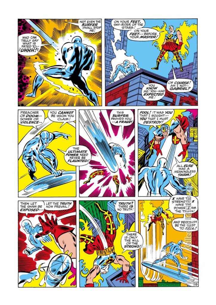 Fantastic Four #121, pg. 18; pencils, John Buscema; innings, Joe Sinnott; Silver Surfer versus Gabriel Air-Walker, Galactus herald