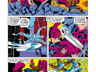Fantastic Four #122, pg. 5; pencils, John Buscema; innings, Joe Sinnott; Galactus vs. FF, Silver Surfer