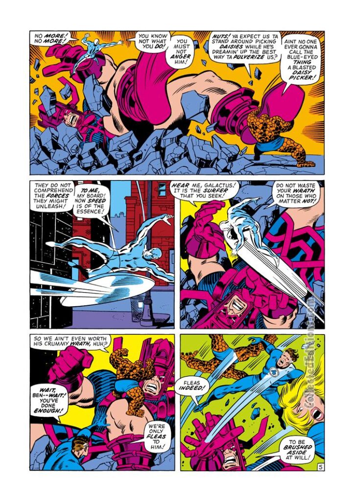 Fantastic Four #122, pg. 5; pencils, John Buscema; innings, Joe Sinnott; Galactus vs. FF, Silver Surfer