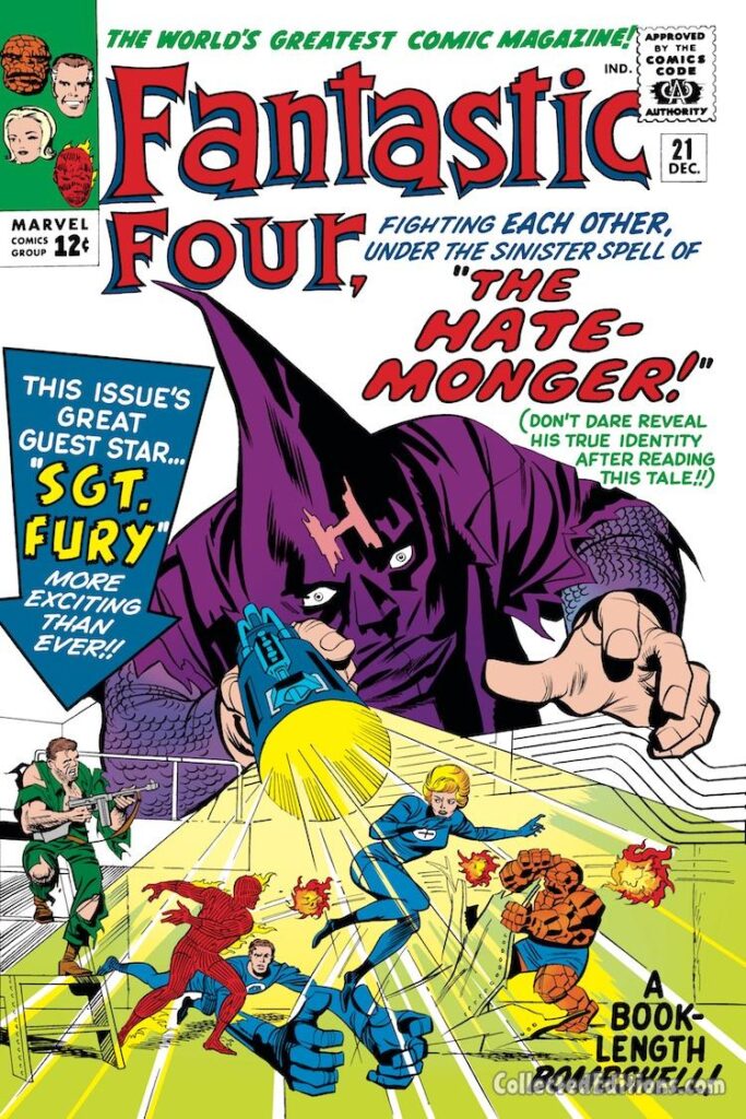 Fantastic Four #21 cover; pencils, Jack KIrby; inks, Paul Reinman; Nick Fury, Sgt. Fury, The Hate-Monger