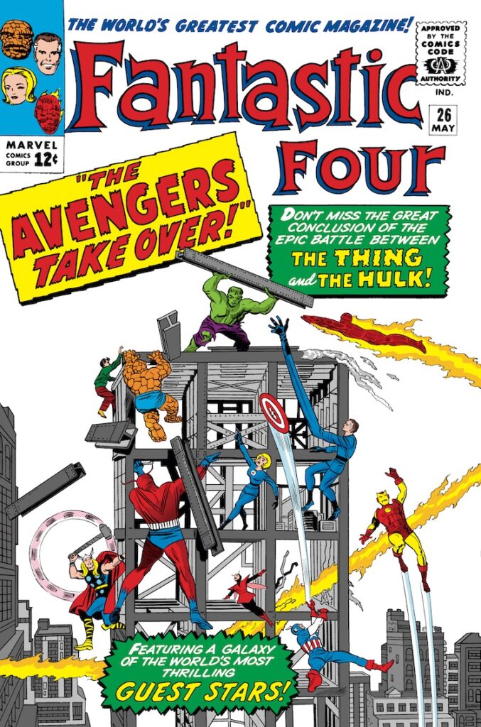 Fantastic Four #26 cover; Jack Kirby; inks, Sol Brodsky; Avengers Take Over, Thing and the Hulk