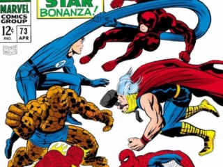 Fantastic Four #73 cover; pencils, Jack Kirby; inks, Joe Sinnott; Daredevil crossover, Thor, Spider-Man