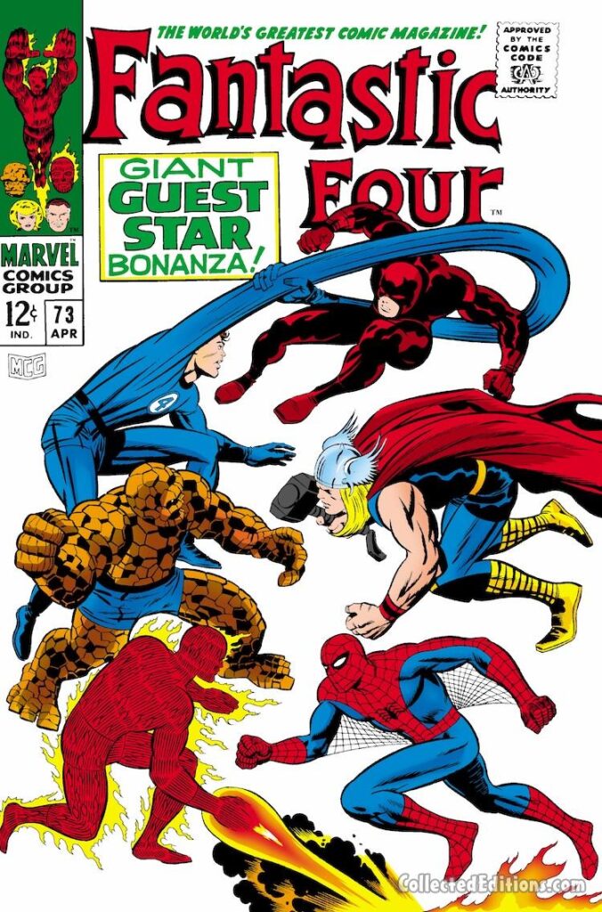 Fantastic Four #73 cover; pencils, Jack Kirby; inks, Joe Sinnott; Daredevil crossover, Thor, Spider-Man