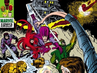 Fantastic Four #94 cover; pencils, Jack Kirby; inks, John Verpoorten; The Return of the Frightful Four, Agatha Harkness haunted mansion house; Medusa, Wizard, Sandman, Trapster