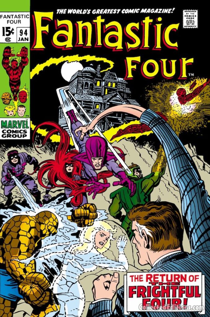Fantastic Four #94 cover; pencils, Jack Kirby; inks, John Verpoorten; The Return of the Frightful Four, Agatha Harkness haunted mansion house; Medusa, Wizard, Sandman, Trapster
