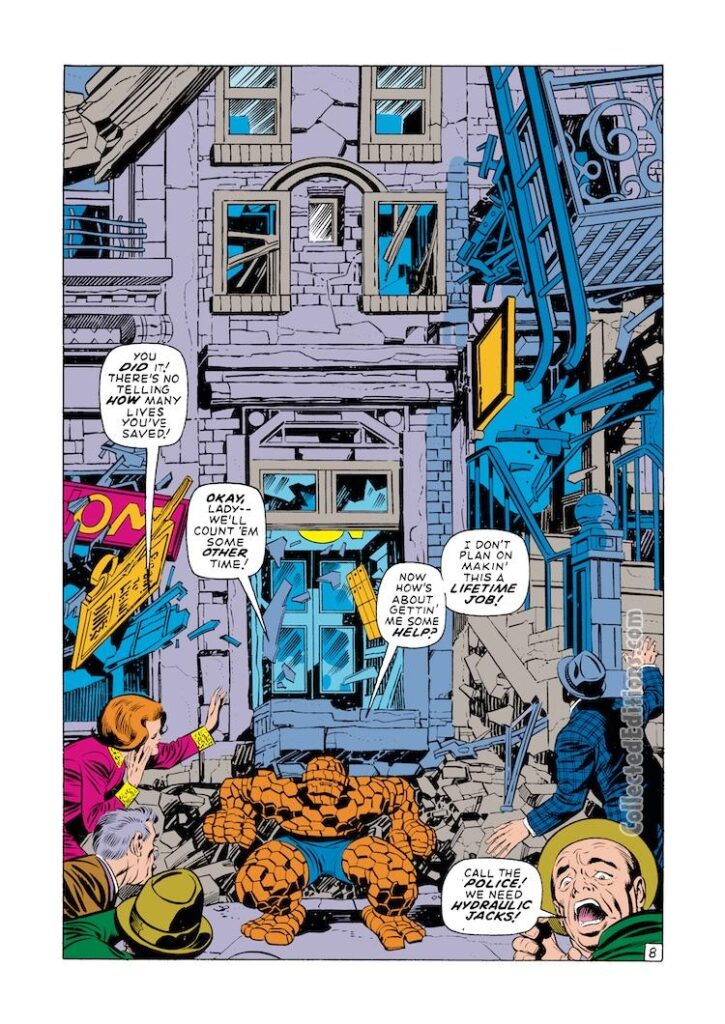 Fantastic Four #95, pg. 8; pencils, Jack Kirby; inks, Joe Sinnott; Ben Grimm/Thing, lifts building, splash page