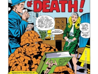 Fantastic Four #96, pg. 1; pencils, Jack Kirby; inks, Joe Sinnott; Ben Grimm/The Thing; The Mad Thinker and His Androids of Death, Stan Lee, splash page, Reed Richards, Susan Storm, street clothes