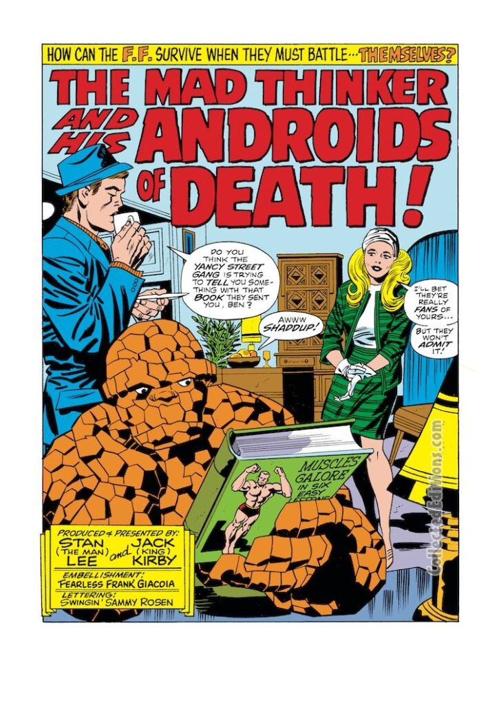 Fantastic Four #96, pg. 1; pencils, Jack Kirby; inks, Joe Sinnott; Ben Grimm/The Thing; The Mad Thinker and His Androids of Death, Stan Lee, splash page, Reed Richards, Susan Storm, street clothes