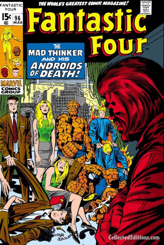 Fantastic Four #96 cover; pencils, Jack Kirby; inks, John Verpoorten; The Mad Thinker and His Androids of Death