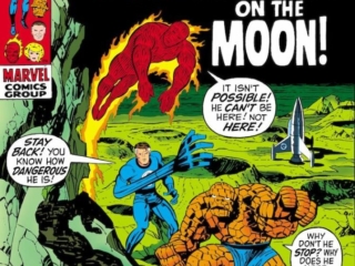 Fantastic Four #98 cover; pencils, Jack Kirby; inks, Joe Sinnott; Doomsday on the Moon, FF Pogo Plane, moon landing, Reed Richards, Thing, Human Torch